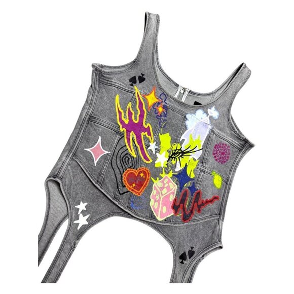 AKIRA Hand Painted CROPPED Sleeveless Denim Jean Luxury Designer Top Womens XL - Picture 5 of 7